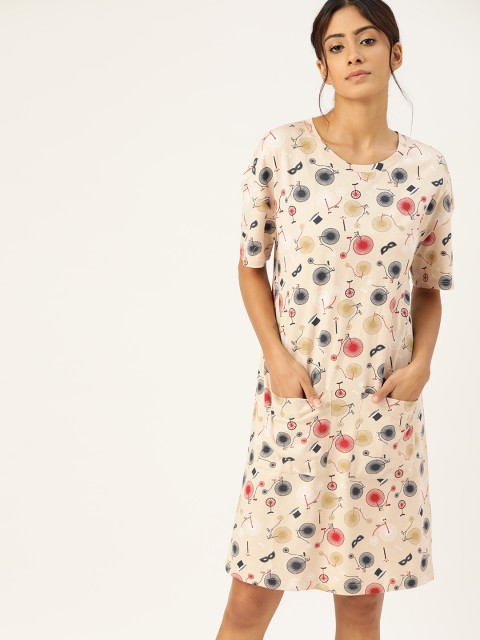 

ETC Women Cream-Coloured & Navy Blue Pure Cotton Printed Sleep Shirt