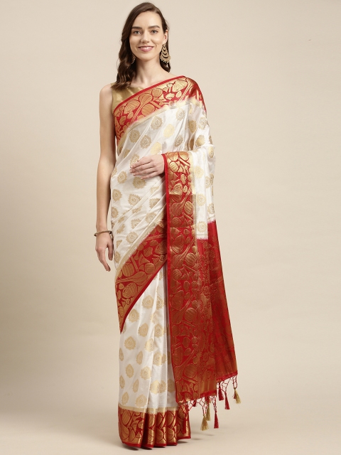 

Mitera White & Beige Ethnic Motifs Zari Art Silk Kanjeevaram Saree