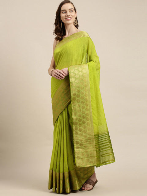 

Mitera Green Linen Blend Kanjeevaram Saree