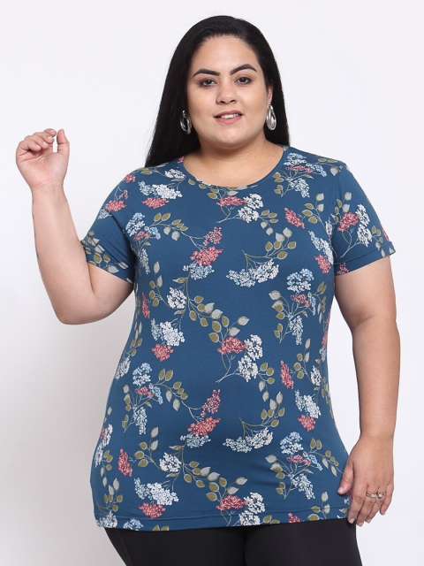 

plusS Women Blue Floral Printed Extended Sleeves T-shirt