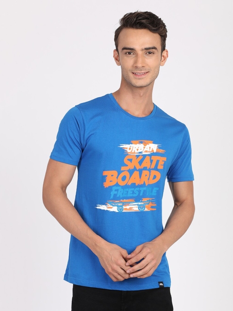 

MASH UNLIMITED Men Blue & Orange Typography Printed Slim Fit T-shirt