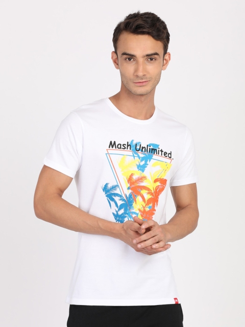 

MASH UNLIMITED Men White & Blue Typography Printed Tropical Slim Fit T-shirt