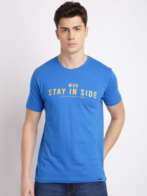 

MASH UNLIMITED Men Blue & Yellow Typography Printed Slim Fit T-shirt