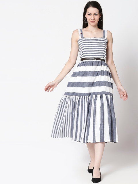 

ZOLA Women Grey Striped Tiered Cotton Midi Dress