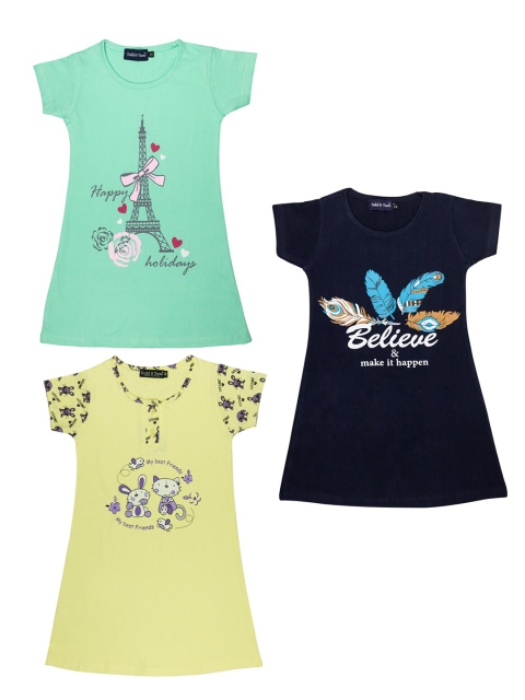 

Todd N Teen Girls Pack of 3 Sea Green & Navy Blue Printed Cotton Nightdresses