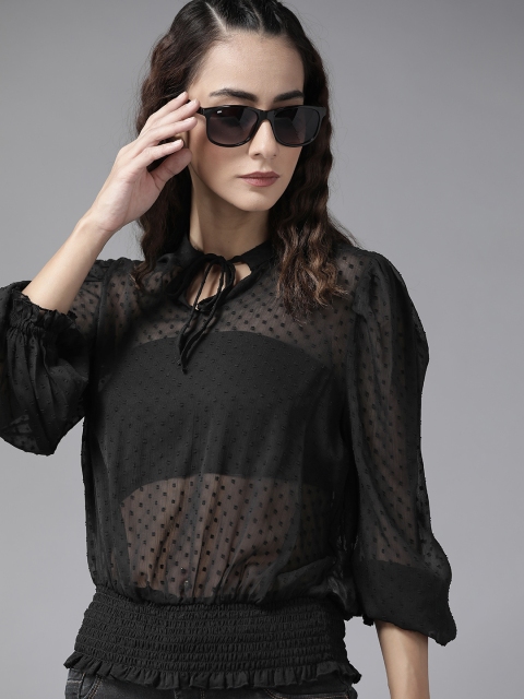 

Roadster Women Black Tie-Up Neck Dobby Weave Semi-Sheer Smocked Blouson Top