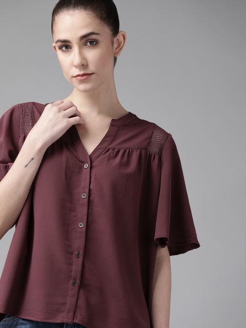 

Roadster Women Burgundy Solid Casual Shirt With Cut-out Details