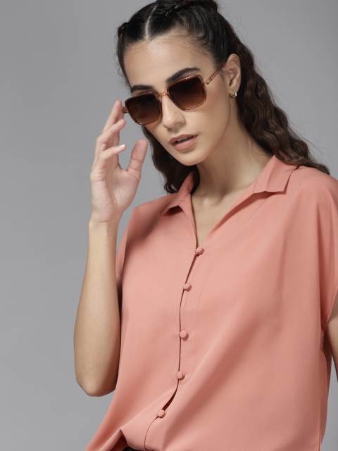 

Roadster Women Peach-Coloured Solid Opaque Casual Shirt