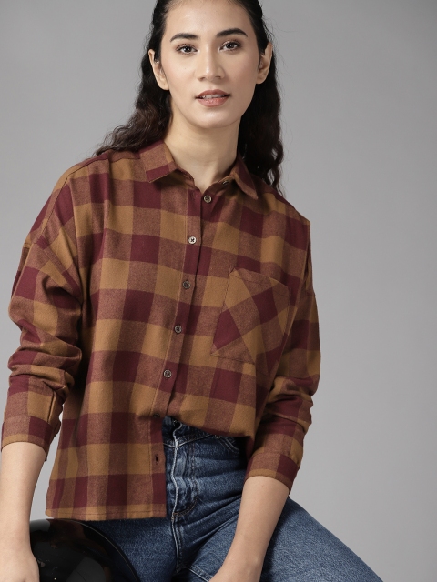 

Roadster Women Brown & Burgundy Pure Cotton Buffalo Checks Casual Flannel Shirt