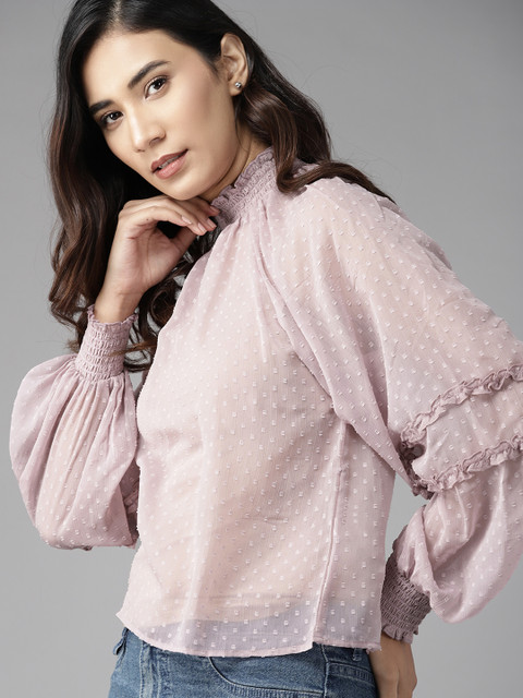 

Roadster Mauve Dobby Weave Geometric Ruffles Smocked Regular Top