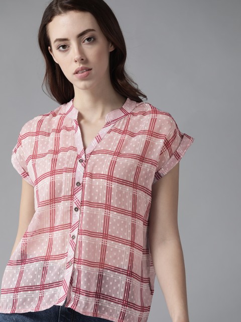 

Roadster Women Pink Windowpane Checks Semi Sheer Dobby Weave Casual Shirt