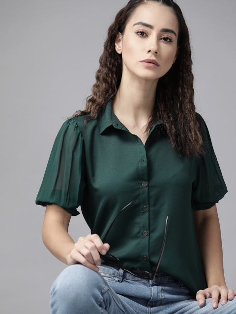 

Roadster Women Green Solid Opaque Casual Shirt