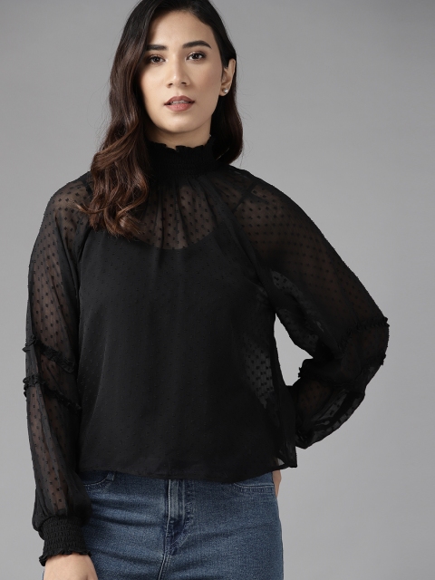 

Roadster Black Dobby Weave Geometric Ruffles Regular Top