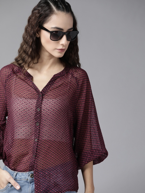 

Roadster Women Maroon Checked Sheer Casual Shirt