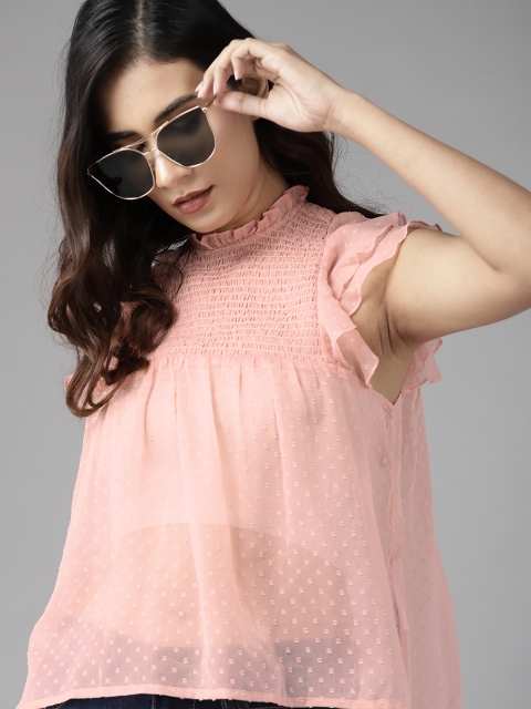 

Roadster Peach-Coloured Smocked Regular Top