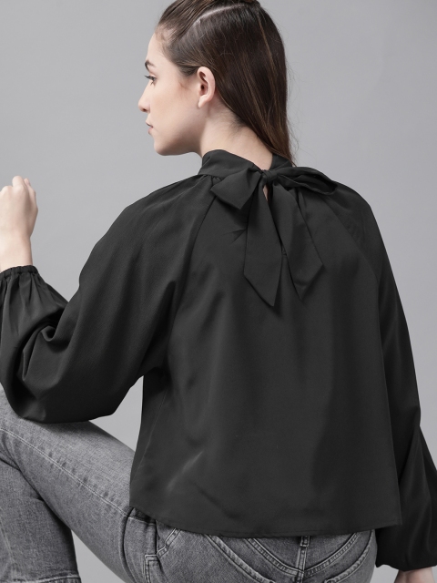 

Roadster Women Black Solid Tie-Up Neck Puff Sleeves Top