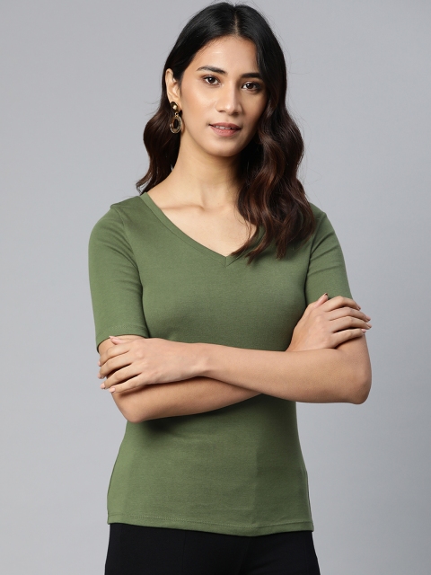 

Marks & Spencer Women Green Solid Cotton V-Neck T-shirt