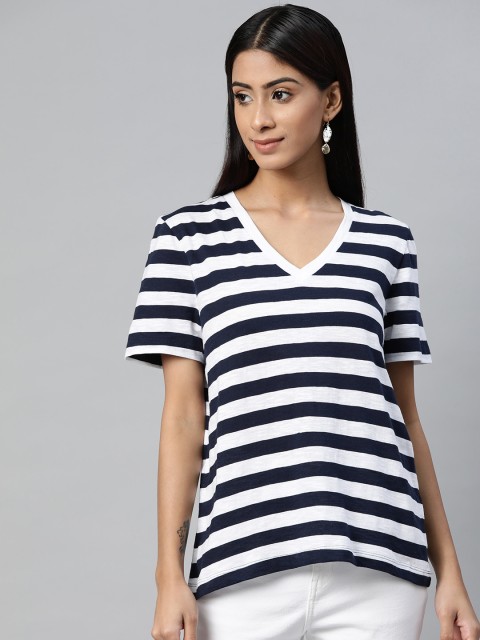 

Marks Spencer Women Navy Blue White Pure Cotton Striped V-Neck Pure Cotton T-shirt