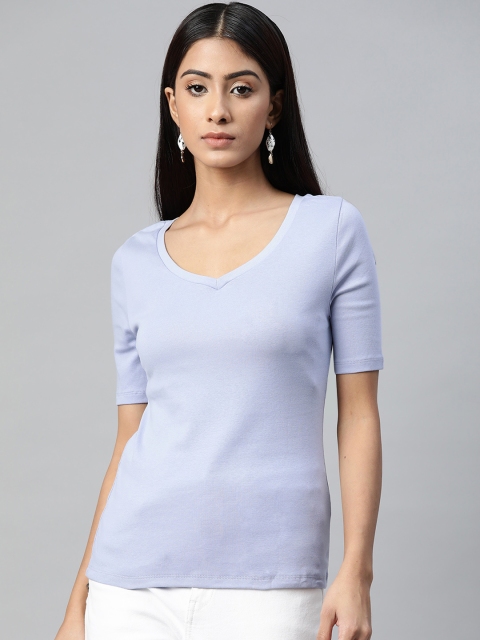 

Marks Spencer Women Blue Solid Cotton V-Neck Pure Cotton T-shirt