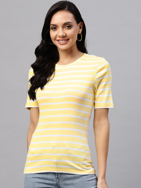 

Marks & Spencer Women Yellow & White Striped T-shirt