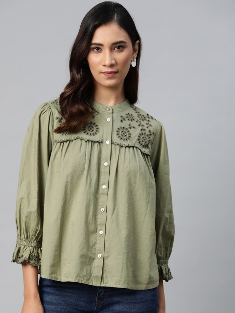 

Marks & Spencer Women Olive Green Solid Pure Cotton A-Line Top with Embroidered Detail