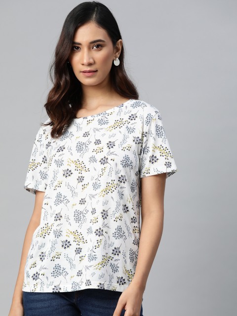 

Marks & Spencer Women White & Navy Blue Floral Print T-shirt