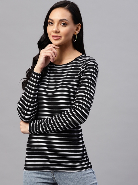 

Marks & Spencer Women Black & White Cotton Striped T-shirt