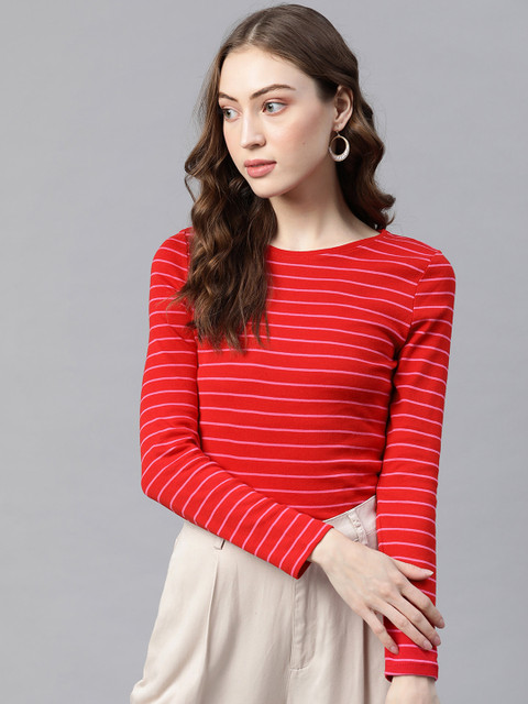 

Marks & Spencer Women Red & Pink Striped Pure Cotton T-shirt
