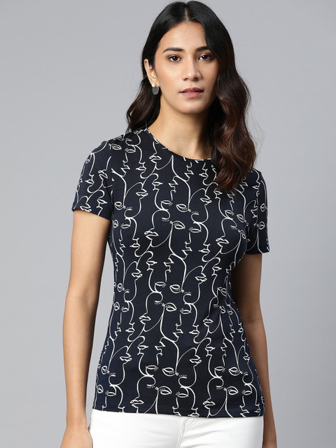 

Marks & Spencer Women Navy Blue & White Human Face Print Cotton T-shirt