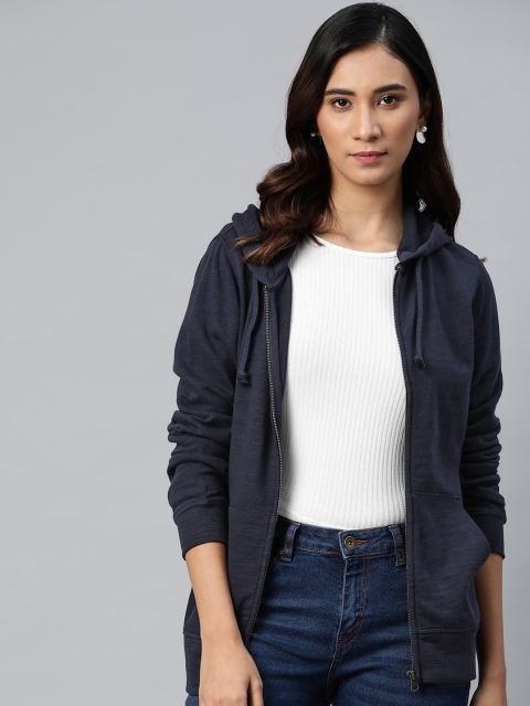 

Marks & Spencer Women Navy Blue Melange Effect Pure Cotton Hooded Sweatshirt