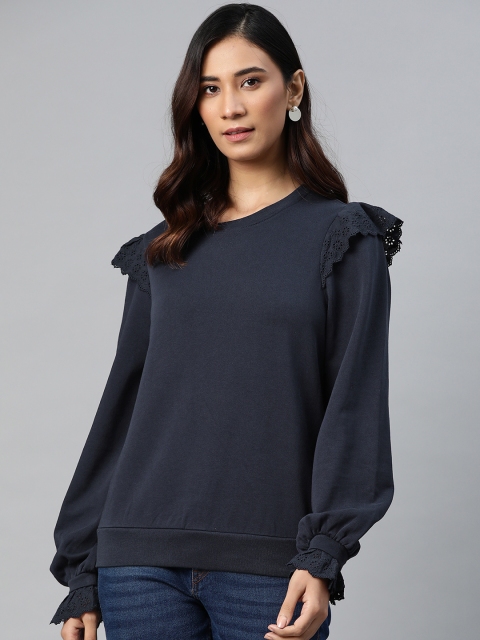 

Marks & Spencer Women Navy Blue Solid Pure Cotton Sweatshirt with Schiffli Detail