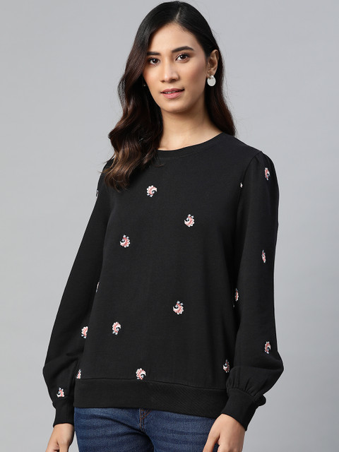 

Marks & Spencer Women Black & White Embroidered Pure CottonSweatshirt