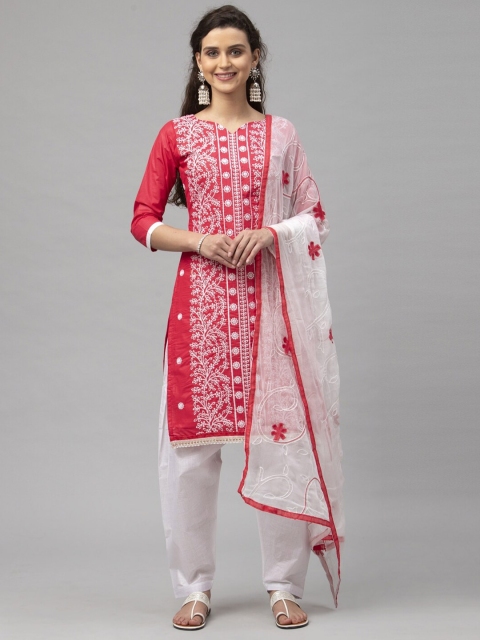 

Satrani Red & White Floral Embroidered Pure Cotton Unstitched Dress Material