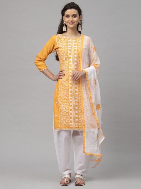 

Satrani Yellow & White Floral mbroidered Pure Cotton Unstitched Dress Material