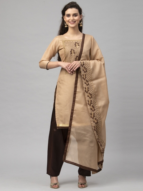 

Satrani Beige & Brown Embroidered Mirror Work Unstitched Dress Material