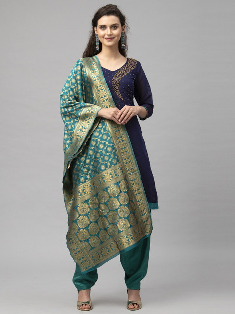 

Satrani Navy Blue & Sea Green Beads & Stones Embellished Unstitched Dress Material