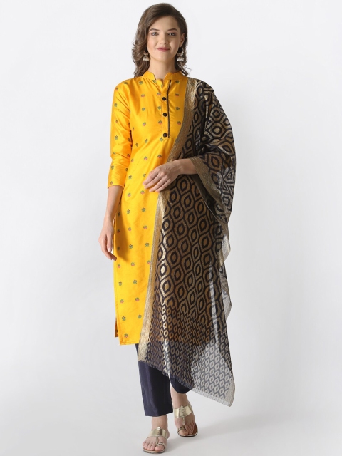

Satrani Yellow & Navy Blue Jacquard Woven Design Banarasi Silk Unstitched Dress Material