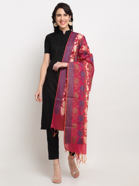 

LOOM LEGACY Magenta Pink & Blue Ethnic Motifs Woven Design Cotton Silk Dupatta With Zari