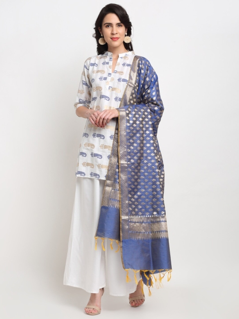 

LOOM LEGACY Blue & Gold-Toned Ethnic Motif Woven Design Banarasi Cotton Silk Zari Dupatta