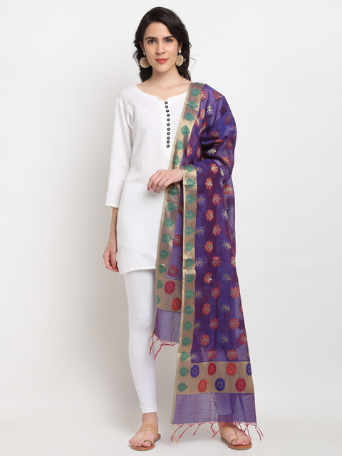 

LOOM LEGACY Blue & Red Ethnic Motifs Woven Design Banarasi Cotton Silk Dupatta With Zari