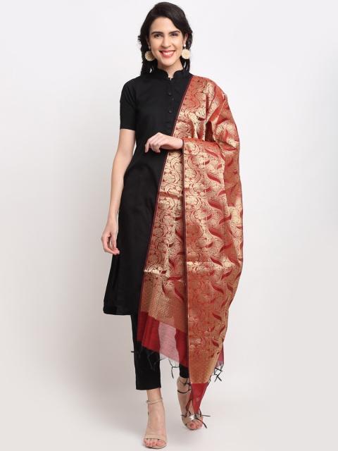 

LOOM LEGACY Maroon & Gold-Toned Woven Design Banarasi Cotton Silk Dupatta With Zari