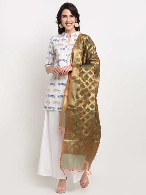 

LOOM LEGACY Green & Gold-Toned Woven Design Banarasi Cotton Silk Dupatta With Zari