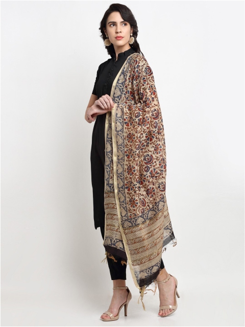 

LOOM LEGACY Beige & Blue Ethnic Motifs Printed Chanderi Cotton Silk Kalamkari Dupatta