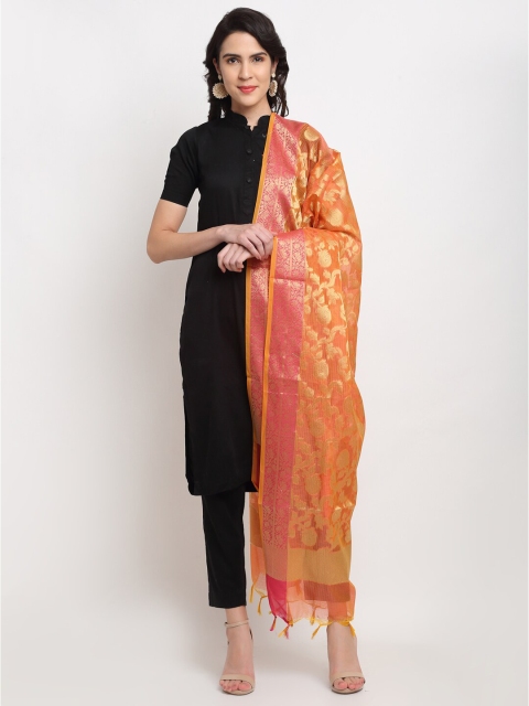

LOOM LEGACY Orange & Gold-Toned Woven Design Banarasi Cotton Silk Dupatta With Zari