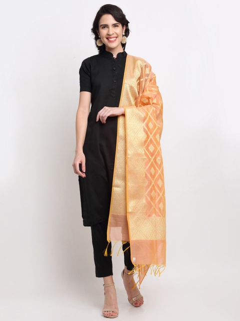 

LOOM LEGACY Orange & Gold-Toned Woven Design Banarasi Cotton Silk Dupatta & Zari