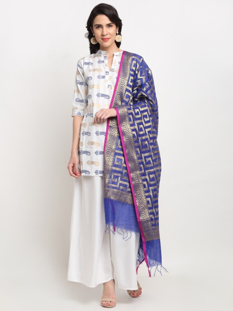 

LOOM LEGACY Blue & Gold-Toned Woven Design Banarasi Cotton Silk Dupatta with Zari