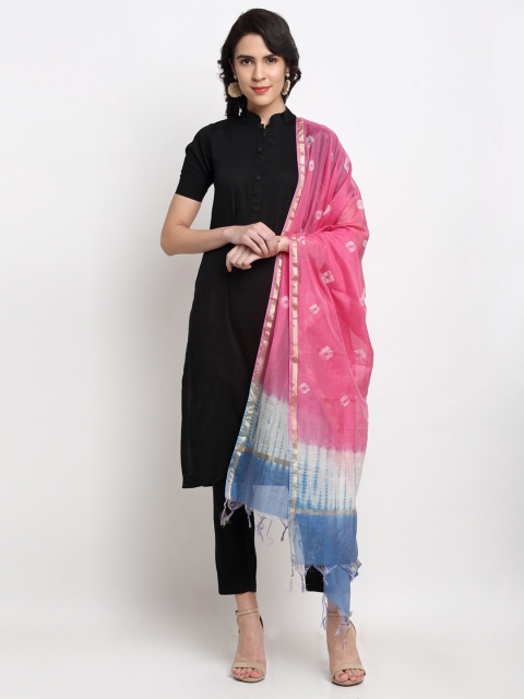 

LOOM LEGACY Pink & Grey Bandhini Printed Chanderi Cotton Silk Dupatta