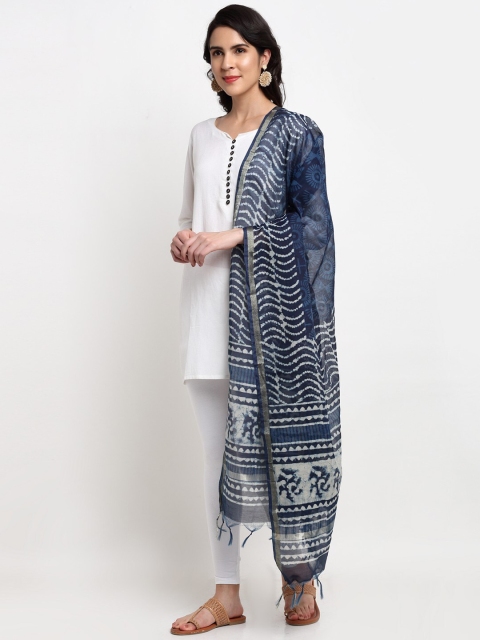 

LOOM LEGACY Blue & White Printed Chanderi Cotton Silk Dupatta