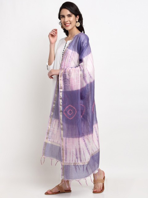 

LOOM LEGACY Blue & Pink Printed Chanderi Cotton Silk Dupatta with Zari