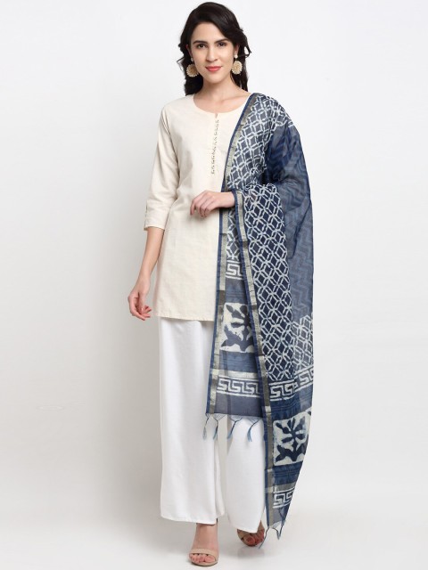 

LOOM LEGACY Blue & White Printed Chanderi Cotton Silk Dupatta